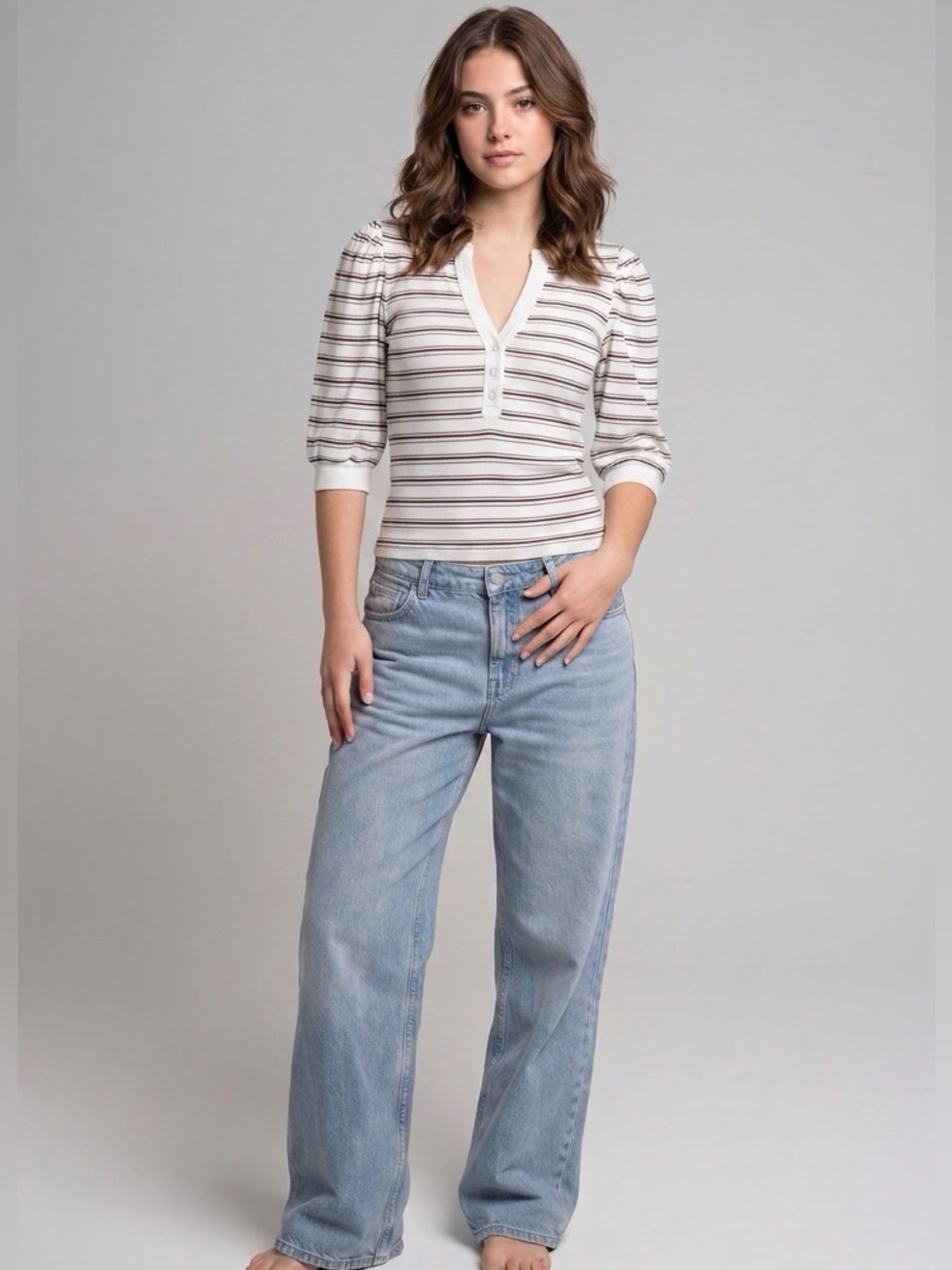 Veronica Beard Amity Striped Rib Knit Henley Top Puff Sleeve XS Cream Brown